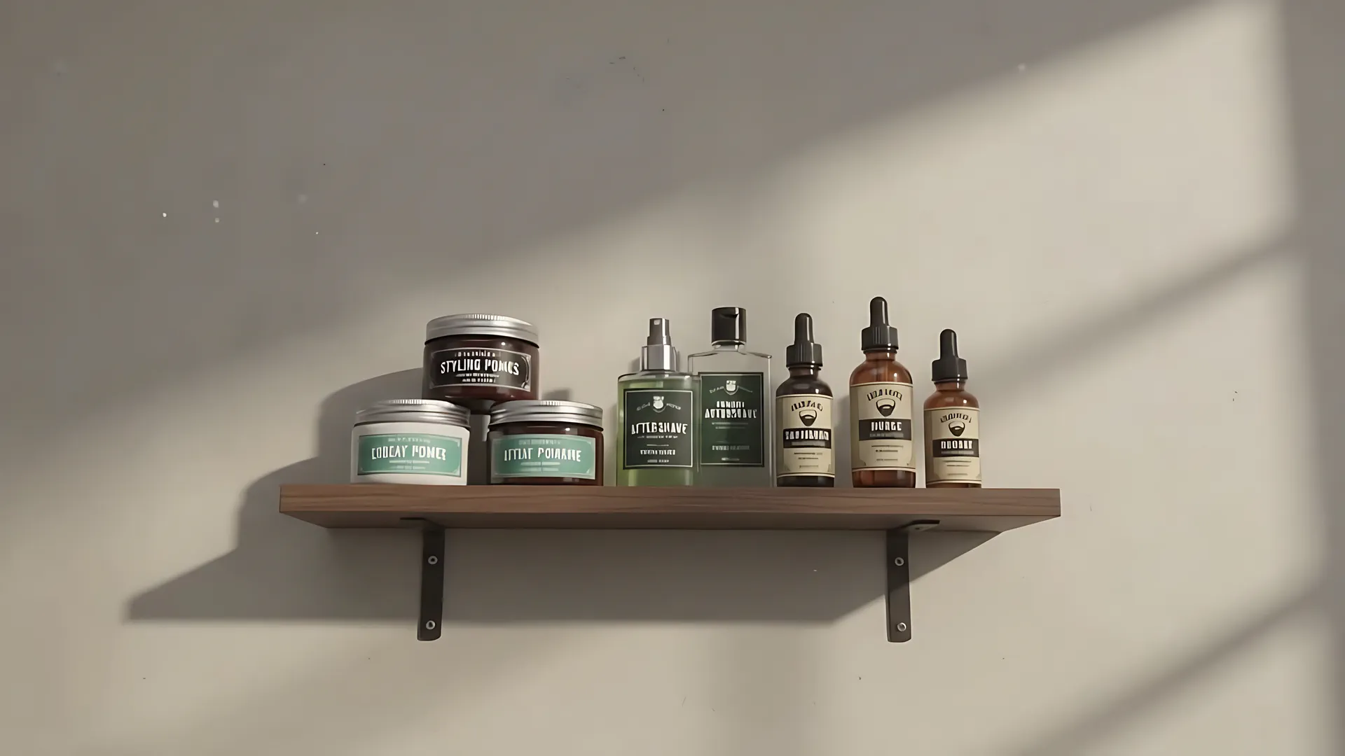 Étagère en bois du salon : pommades, huiles et après-rasage